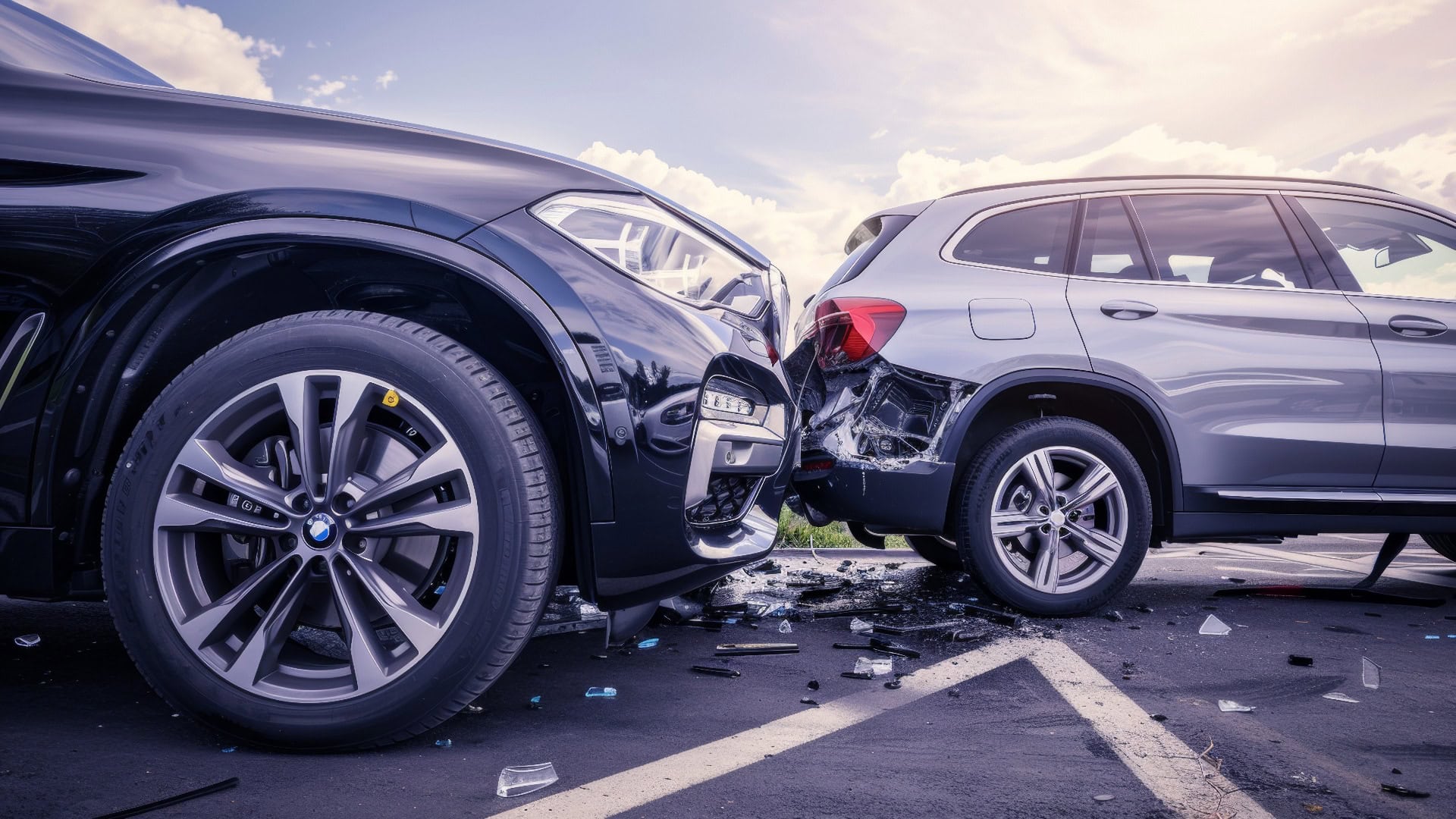 Nahaufnahme von zwei beschädigten Autos auf der Straße durch einen Auffahrunfall